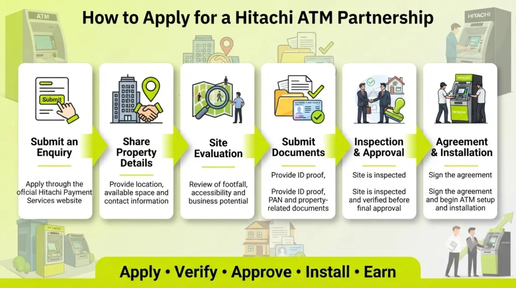 Hitachi ATM partnership application process covering enquiry submission, property details, site evaluation, document verification, approval, and installation.