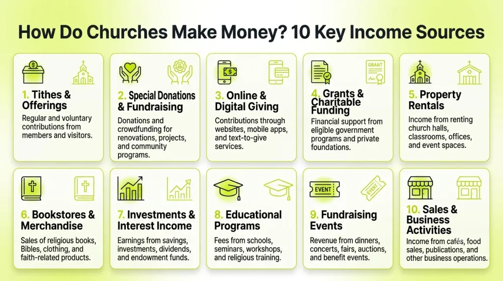 Church income sources include tithes, donations, digital giving, grants, property rentals, merchandise sales, investments, educational programs, fundraising events, and business activities.