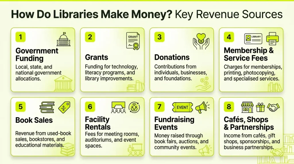 listing 8 key library revenue sources including government funding, grants, donations, fees, book sales, rentals, events, and shops.