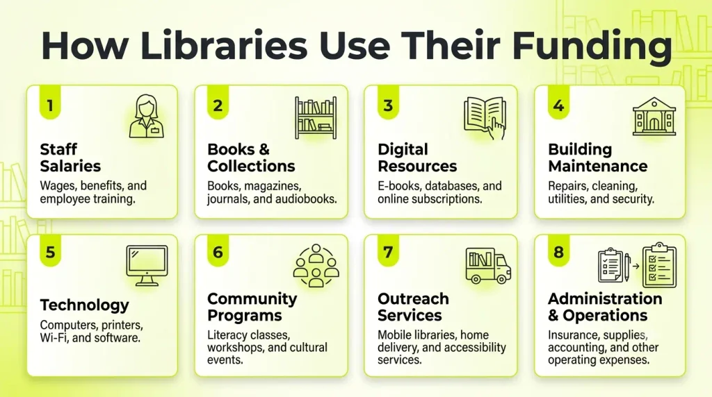 Overview showing 8 library funding uses: staff salaries, books, digital resources, maintenance, technology, community programs, outreach, and operations.