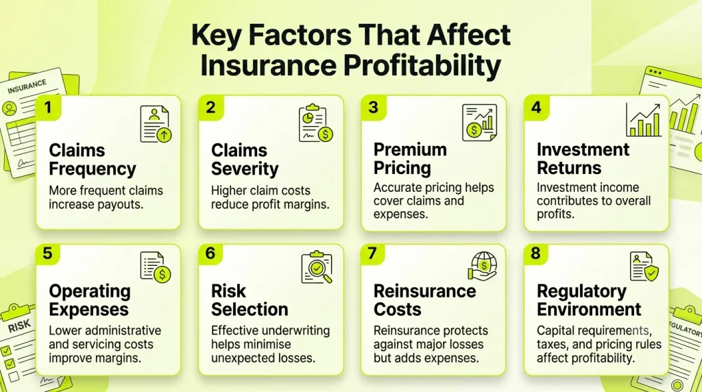 8 factors affecting insurance profitability including claims, pricing, investment returns, expenses, underwriting, reinsurance, and regulation