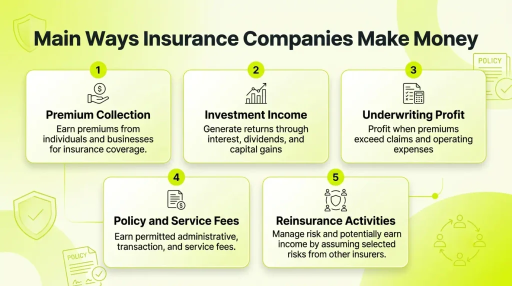 5 revenue streams for insurers: premiums, investment returns, underwriting profit, service fees, and reinsurance activities.