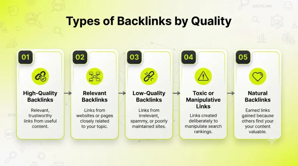 Types of backlinks by quality, including high-quality, relevant, low-quality, toxic, manipulative, and natural backlinks